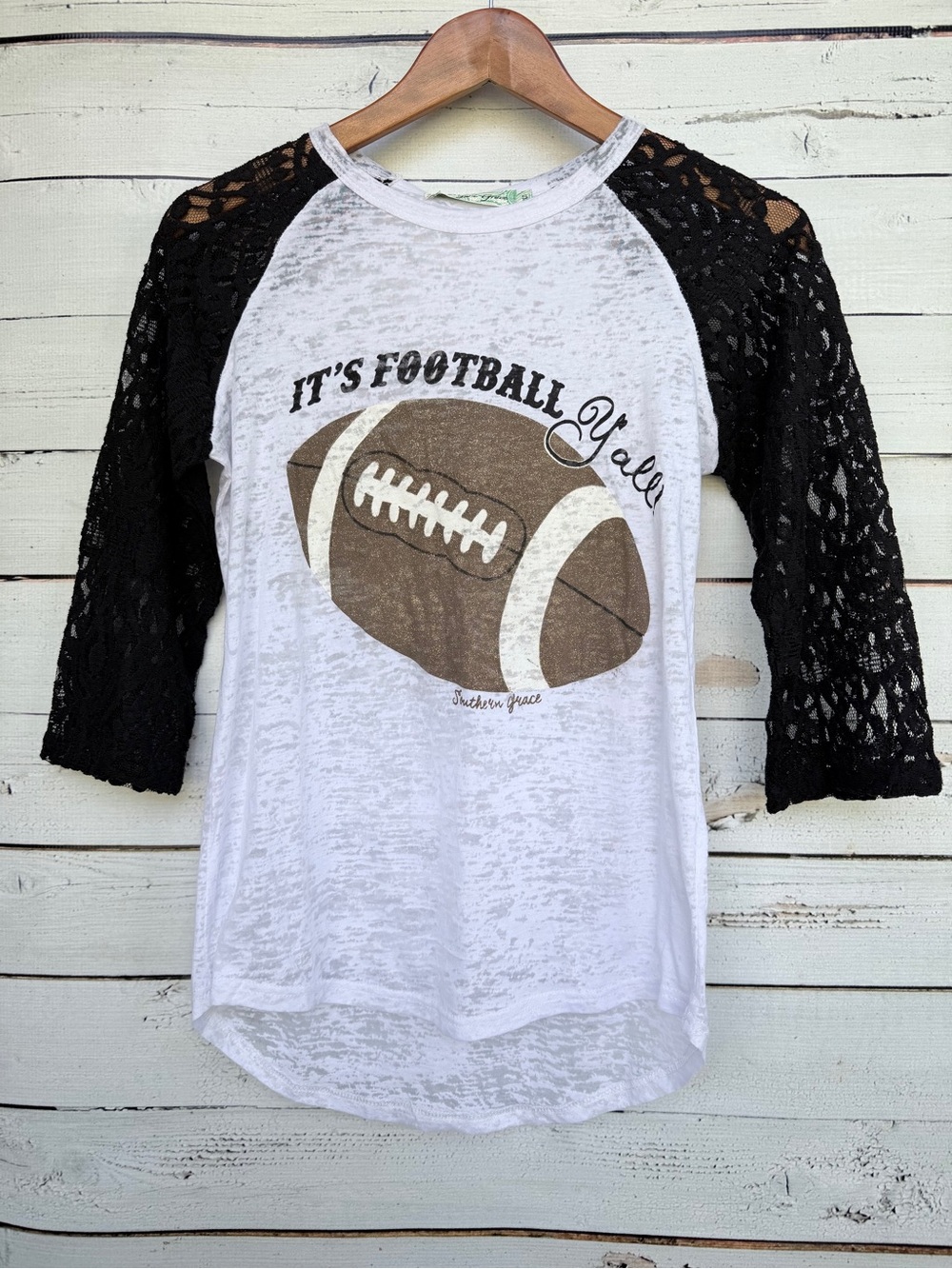 NWT Southern Grace "It's Football Y'all" Black Lace Raglan Tee Size Small
